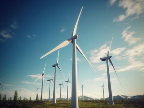 Wind turbines generating electricity with blue sky, energy conservation concept. Generative AI.