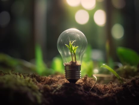 Tree growing on light bulb with sunshine in nature. saving energy and eco concept. Generative AI.