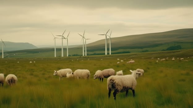 Sheep grazing near wind turbines on the mountain. Generative AI.