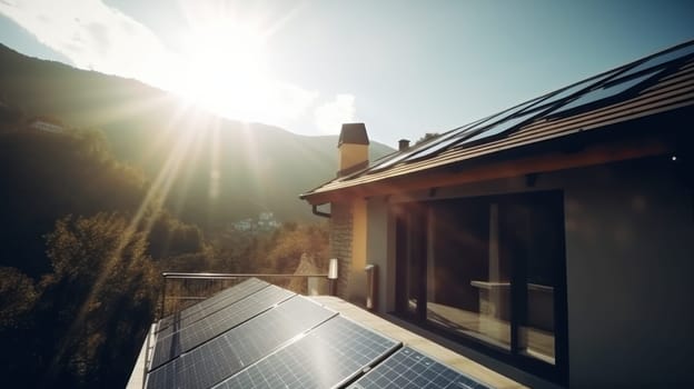 eco-friendly house with solar panels on the roof surrounded by green nature. Generative AI.