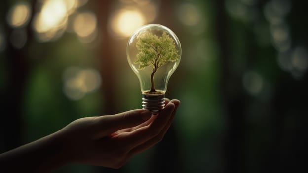 A small tree planted in an energy-saving light bulb, holding by a hand, green energy. Generative AI.