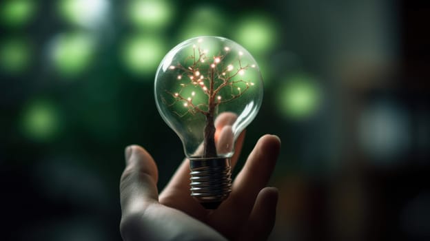 A small tree planted in an energy-saving light bulb, holding by a hand, green energy. Generative AI.