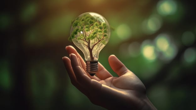 A small tree planted in an energy-saving light bulb, holding by a hand, green energy. Generative AI.