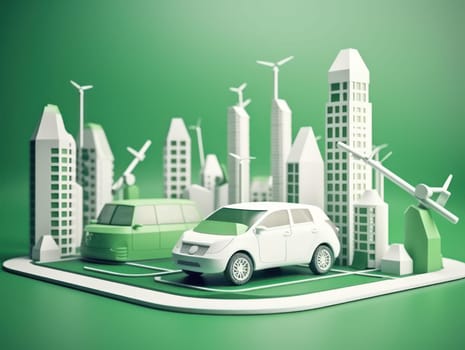 Green energy and sustainable concept, electric car and green city paper cut art. Generative AI.