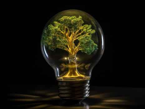 Tree growing on light bulb with sunshine in nature. saving energy and eco concept. Generative AI.