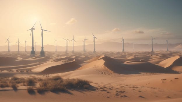 Wind turbines in the desert, renewable energy concept. Generative AI.