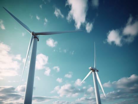 Wind turbines generating electricity with blue sky, energy conservation concept. Generative AI.