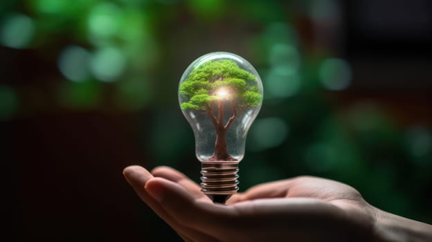 A small tree planted in an energy-saving light bulb, holding by a hand, green energy. Generative AI.