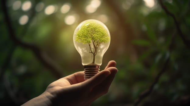 A small tree planted in an energy-saving light bulb, holding by a hand, green energy. Generative AI.