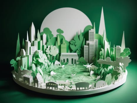 Green energy and sustainable concept, electric car and green city paper cut art. Generative AI.