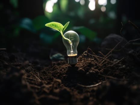 Tree growing on light bulb with sunshine in nature. saving energy and eco concept. Generative AI.