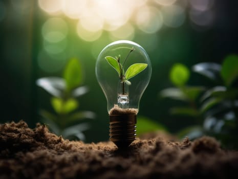 Tree growing on light bulb with sunshine in nature. saving energy and eco concept. Generative AI.