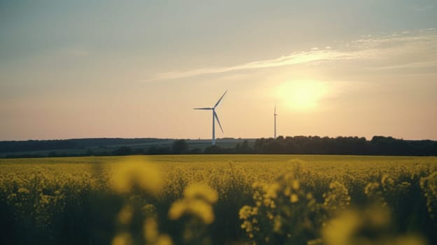 Wind turbine in a yellow flower field, Alternative energy. Generative AI.