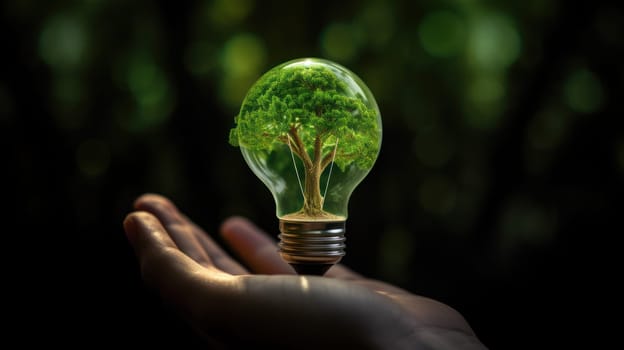 A small tree planted in an energy-saving light bulb, holding by a hand, green energy. Generative AI.