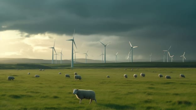 Sheep grazing near wind turbines on the mountain. Generative AI.