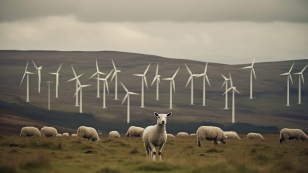 Sheep grazing near wind turbines on the mountain. Generative AI.