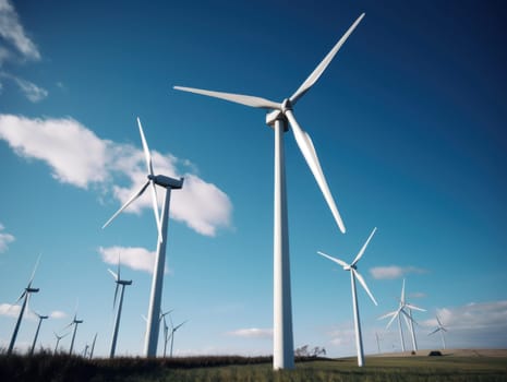 Wind turbines generating electricity with blue sky, energy conservation concept. Generative AI.