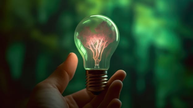 A small tree planted in an energy-saving light bulb, holding by a hand, green energy. Generative AI.