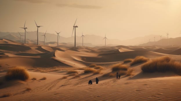 Wind turbines in the desert, renewable energy concept. Generative AI.