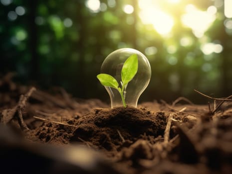 Tree growing on light bulb with sunshine in nature. saving energy and eco concept. Generative AI.