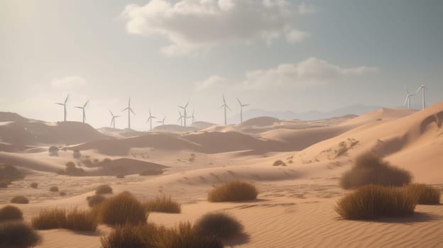 Wind turbines in the desert, renewable energy concept. Generative AI.