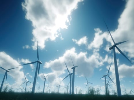Wind turbines generating electricity with blue sky, energy conservation concept. Generative AI.
