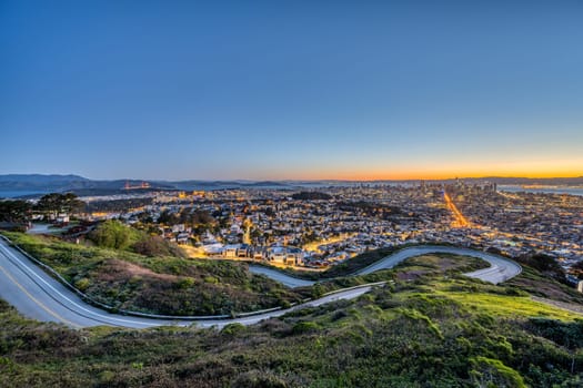 San Francisco with the Golden Gate Bridge before sunrise