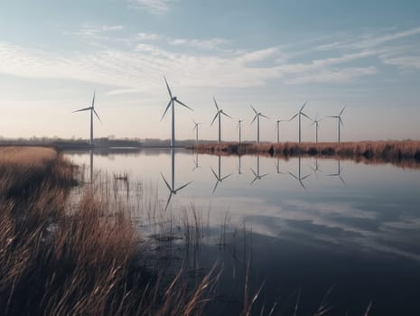 Turbines next to the river. Green energy and eco environment concept. Generative AI.