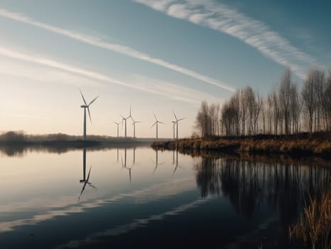 Turbines next to the river. Green energy and eco environment concept. Generative AI.