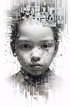 Pixelated child portrait in white and grey tones - generative AI - AI generated