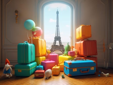 Colorful travel and summer concept with suitcase with colorful background. Generative AI.