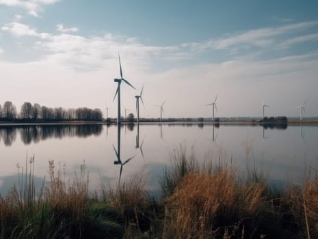 Turbines next to the river. Green energy and eco environment concept. Generative AI.