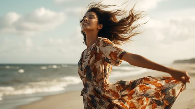 A young hispanic girl wearing a stylish sundress, stands on a sandy beach - generative AI - AI generated