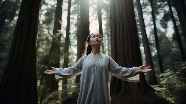A young adult woman, of Asian ethnicity, wearing athletic attire, stands in a serene forest setting - generative AI - AI generated