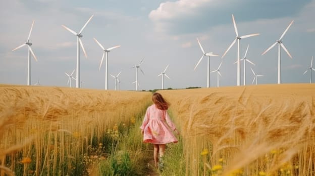Adorable girl standing in wind turbine field. Green alternative energy, Generative AI.