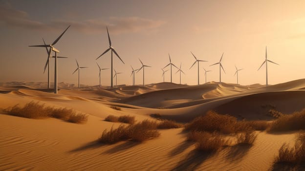 Wind turbines in the desert, renewable energy concept. Generative AI.