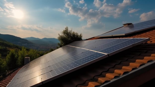 eco-friendly house with solar panels on the roof surrounded by green nature. Generative AI.