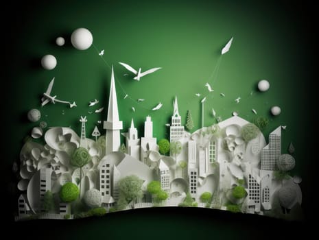 Green energy and sustainable concept, electric car and green city paper cut art. Generative AI.