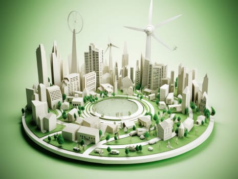 Green energy and sustainable concept, electric car and green city paper cut art. Generative AI.