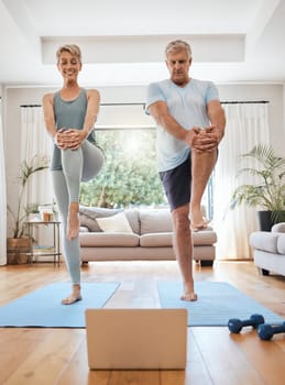 Mature couple, laptop and home yoga tutorial in house living room for body stretching, relax fitness workout and exercise training. Happy smile, zen woman and senior man with laptop for pilates class.