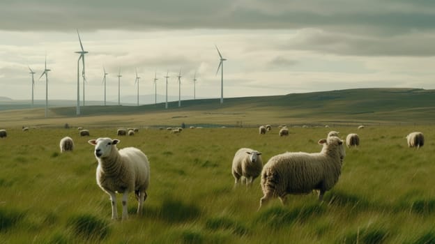Sheep grazing near wind turbines on the mountain. Generative AI.