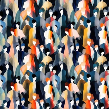 Seamless pattern: hand drawn watercolor people walking. Fashion illustration with streaks and splashes of paint. AI