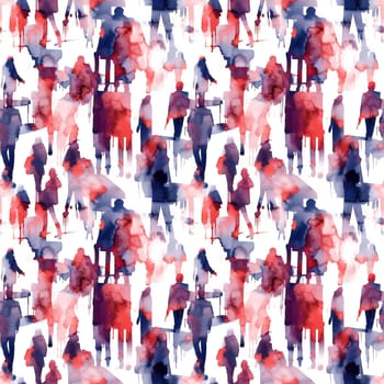 Seamless pattern: hand drawn watercolor people walking. Fashion illustration with streaks and splashes of paint. AI