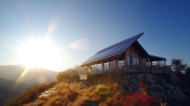 eco-friendly house with solar panels on the roof surrounded by green nature. Generative AI.