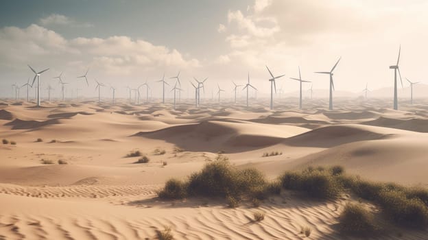 Wind turbines in the desert, renewable energy concept. Generative AI.