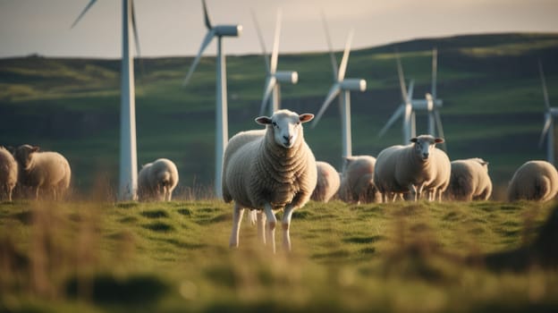 Sheep grazing near wind turbines on the mountain. Generative AI.