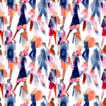 Seamless pattern: hand drawn watercolor people walking. Fashion illustration with streaks and splashes of paint. AI