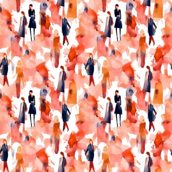 Seamless pattern: hand drawn watercolor people walking. Fashion illustration with streaks and splashes of paint. AI