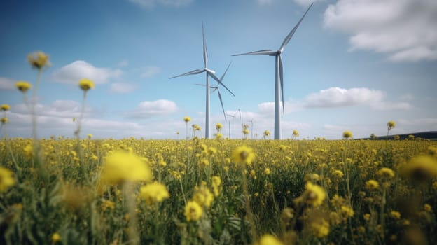 Wind turbine in a yellow flower field, Alternative energy. Generative AI.