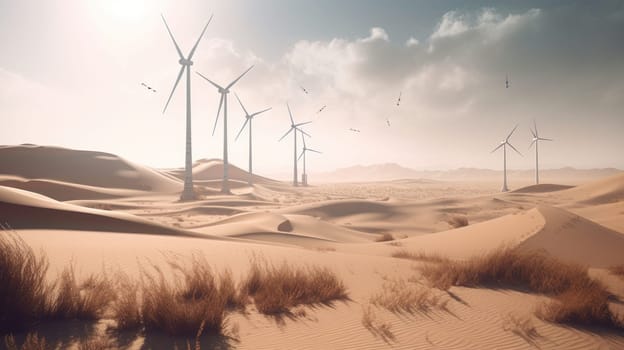 Wind turbines in the desert, renewable energy concept. Generative AI.